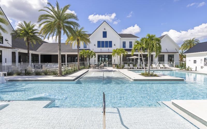 a pool in front of a building