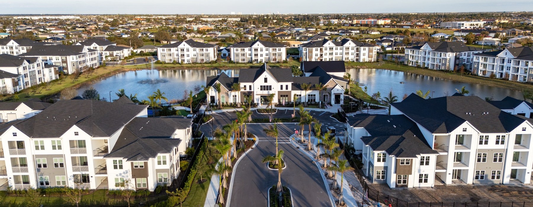 an apartment complex with water