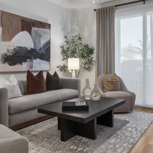 a living room with a couch and a coffee table