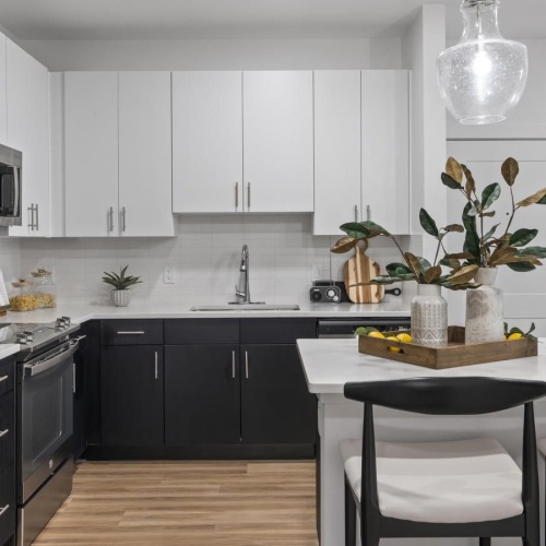 a kitchen with white and black cabinets